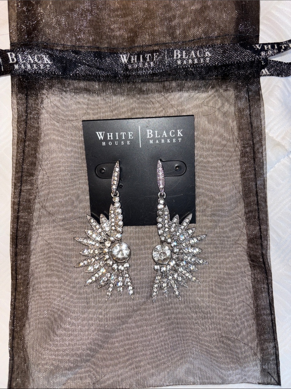NWT White House Black Market Silver Crystal Winged Drop Statement Earrings